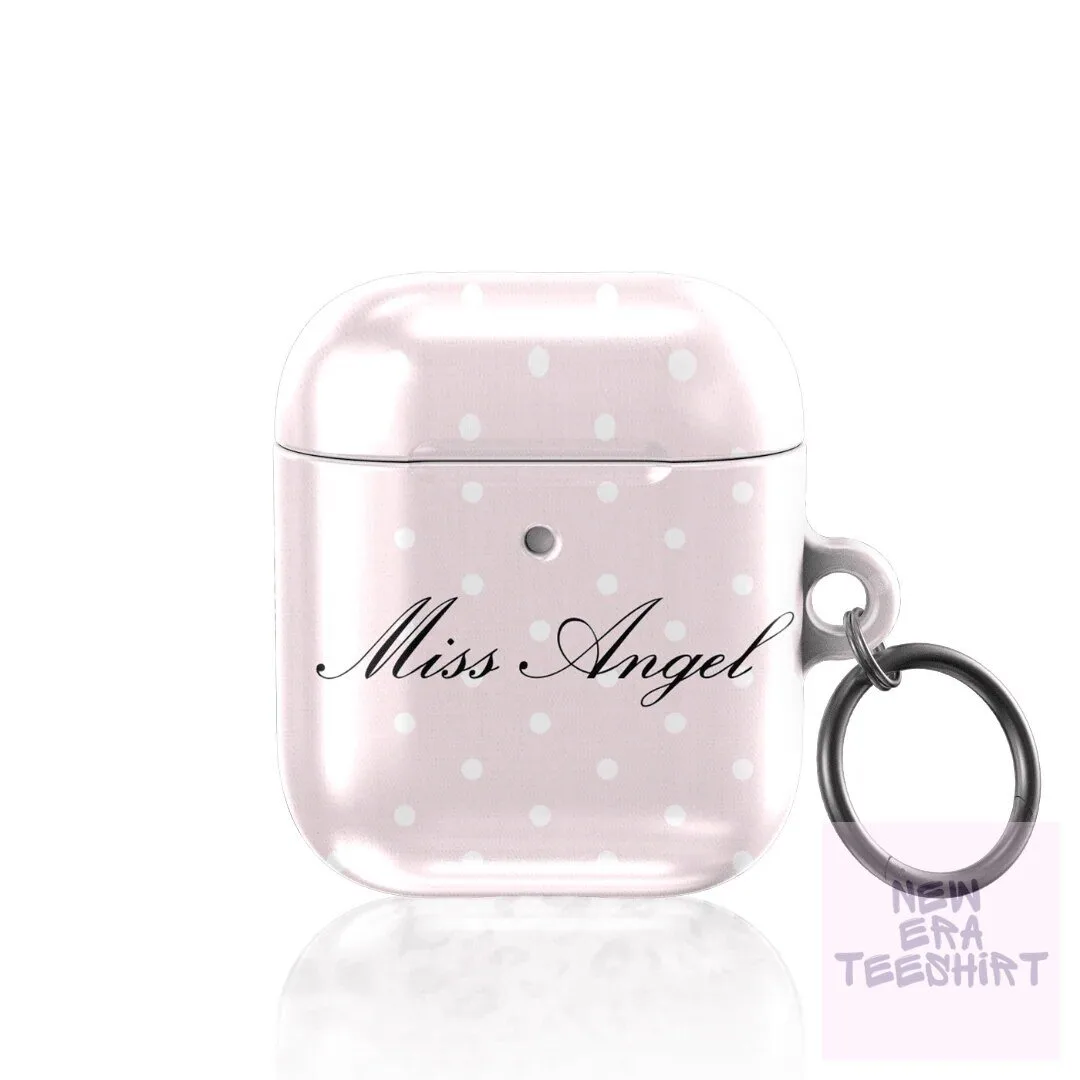 Miss Angel Pink Polka Dot Design Protective Earbuds Case with Keychain