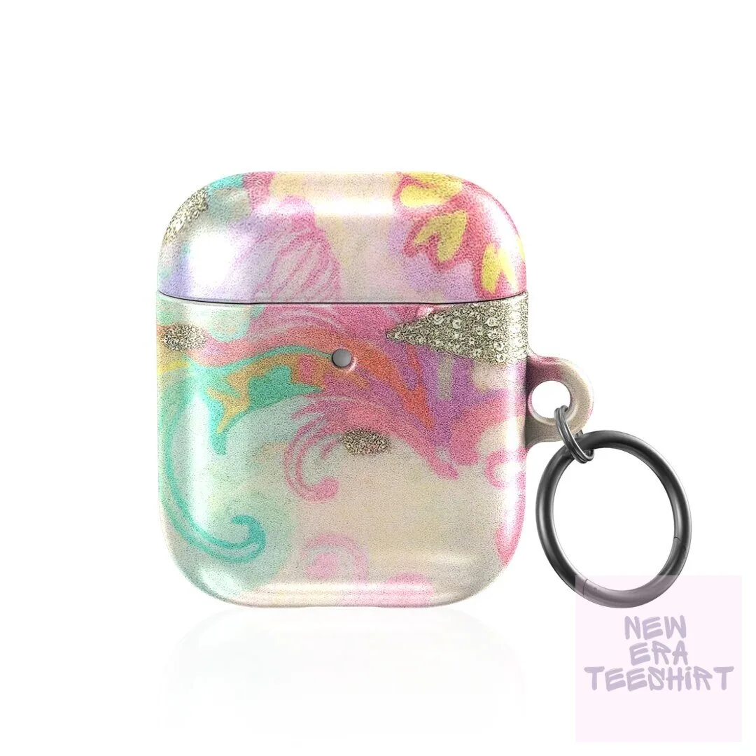 Pastel Glitter Swirl Pattern Protective Earbud Case with Keychain Ring