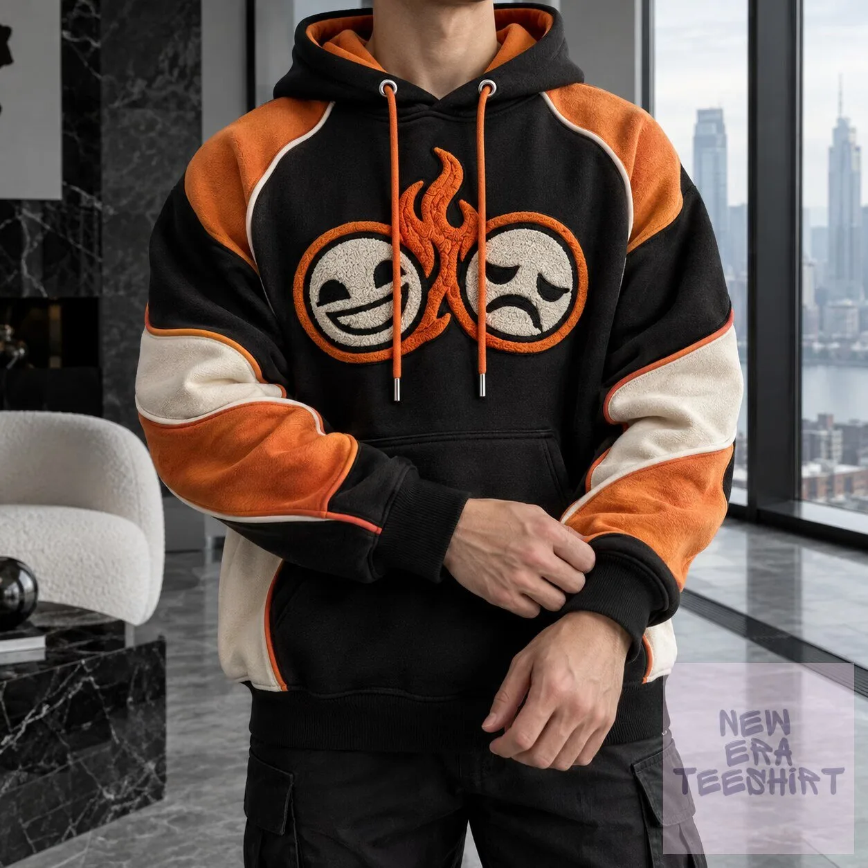 Flame Emoji Smile and Sad Face Embroidered Black and Orange Hoodie