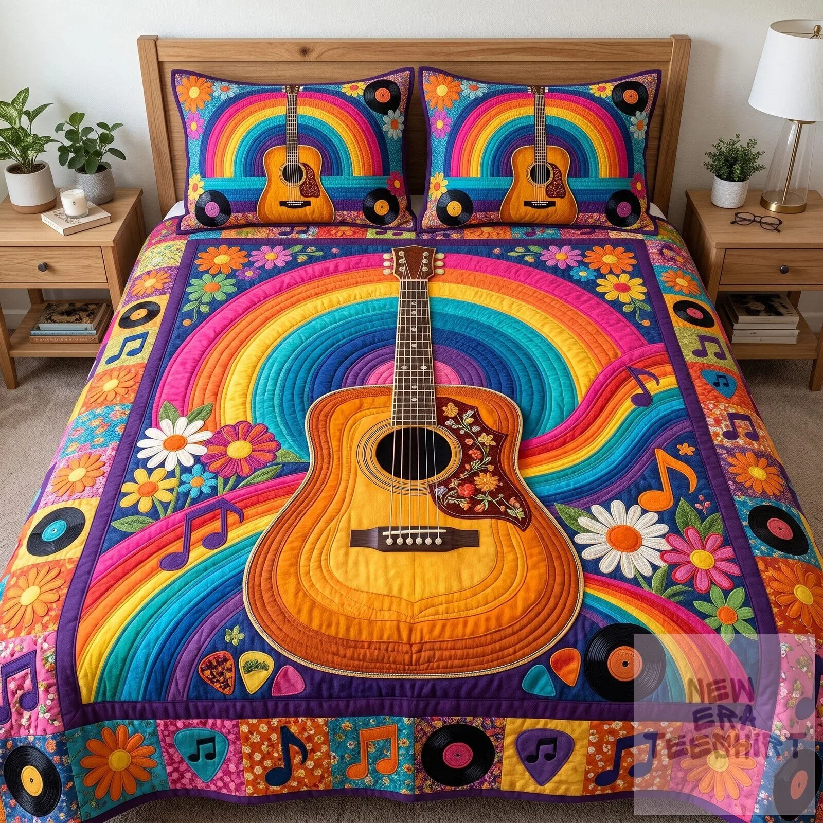 Acoustic Guitar Rainbow Floral Music Notes Quilted Bedding Set