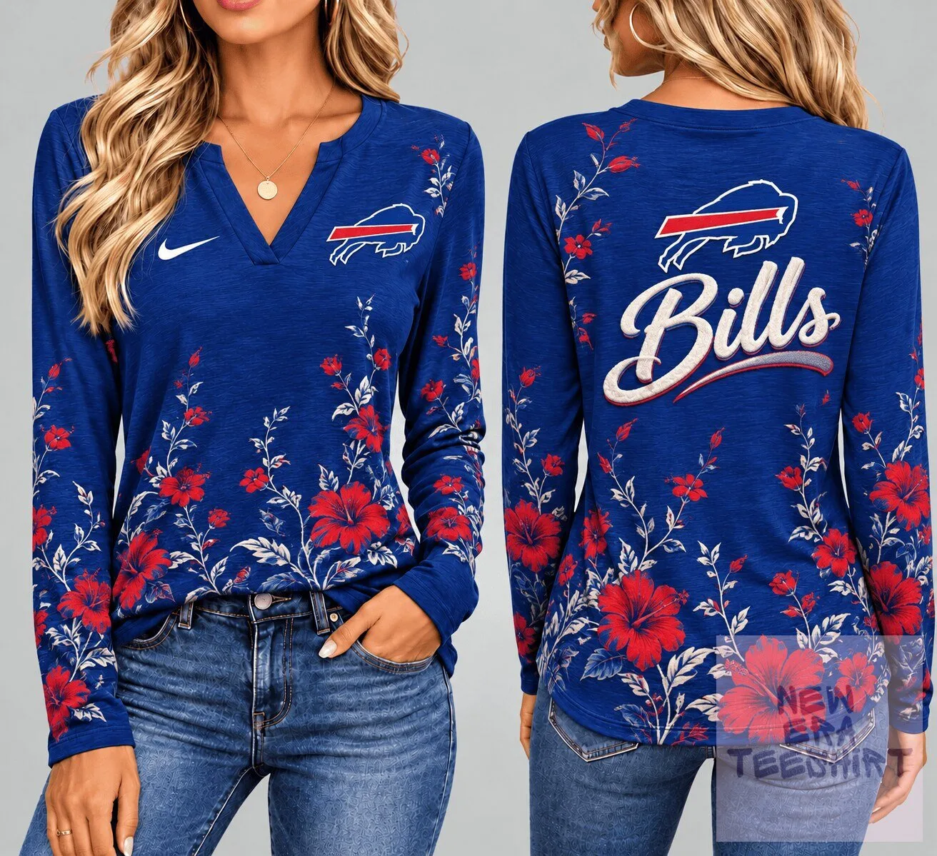 Buffalo Bills NFL Vintage Floral V-Neck Long Sleeve Fan Shirt for Women 1 Buffalo Bills NFL Vintage Floral V-Neck Long Sleeve Fan Shirt for Women