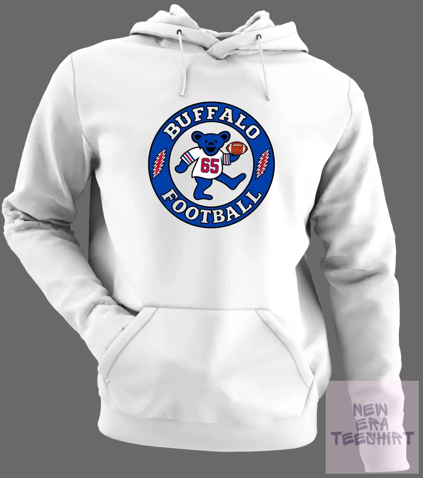 Buffalo Football Dancing Bear White Hoodie with Number 65 and Football