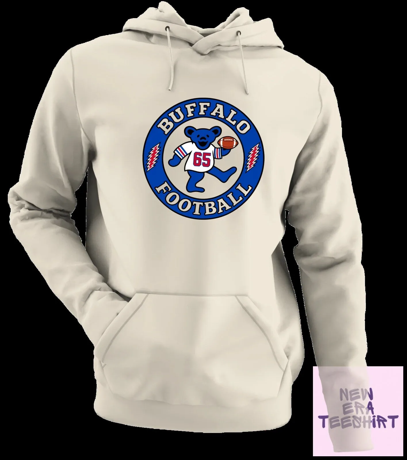 Buffalo Football Dancing Bear White Hoodie with Number 65 and Football 12 Buffalo Football Dancing Bear White Hoodie with Number 65 and Football
