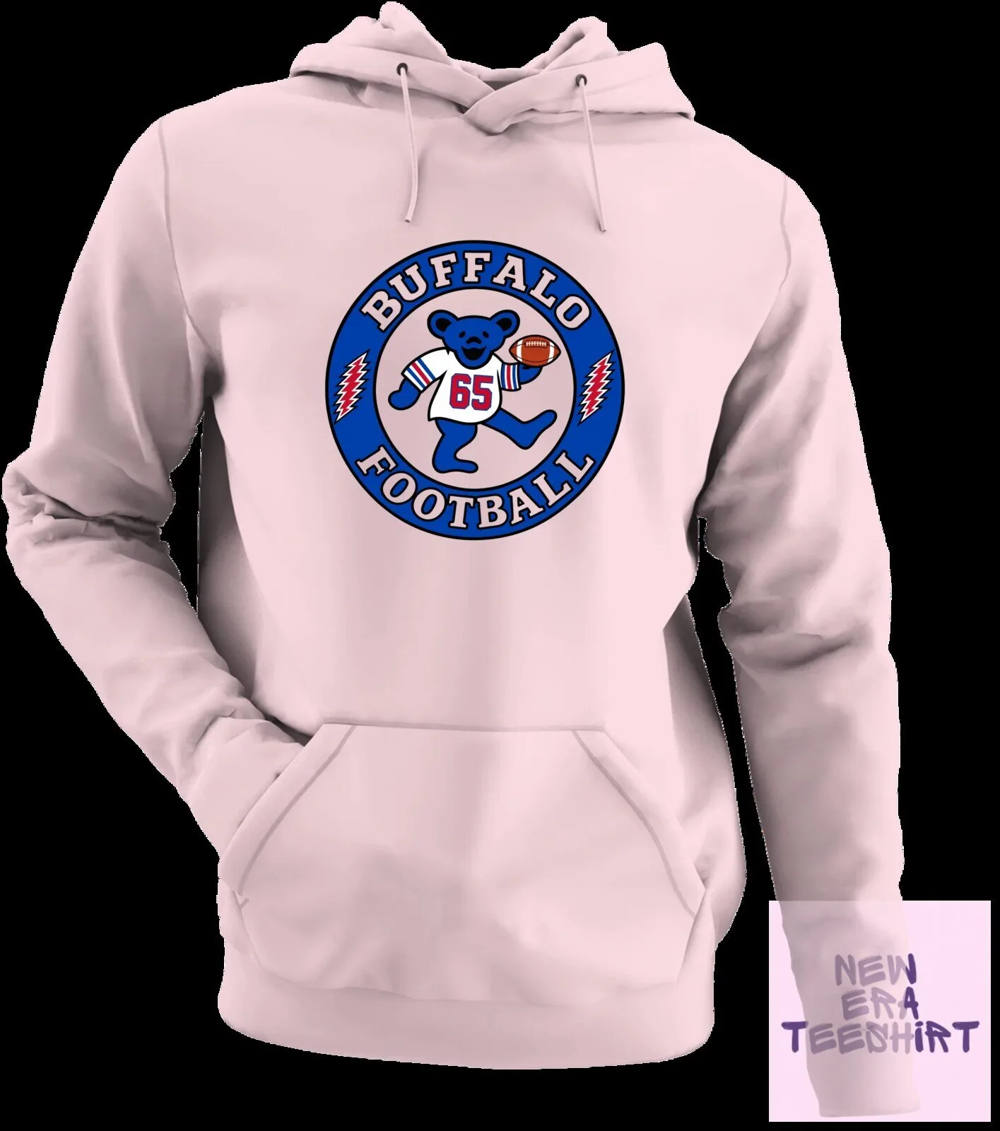 Buffalo Football Dancing Bear White Hoodie with Number 65 and Football 13 Buffalo Football Dancing Bear White Hoodie with Number 65 and Football
