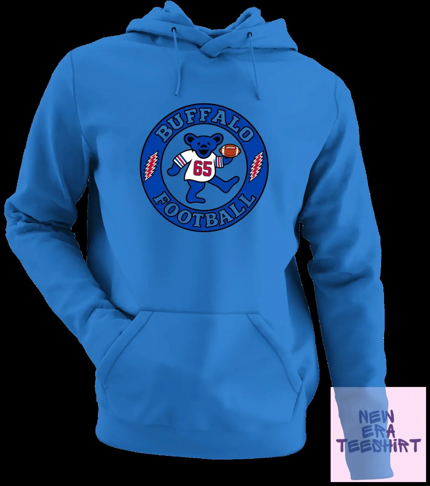 Buffalo Football Dancing Bear White Hoodie with Number 65 and Football 14 Buffalo Football Dancing Bear White Hoodie with Number 65 and Football