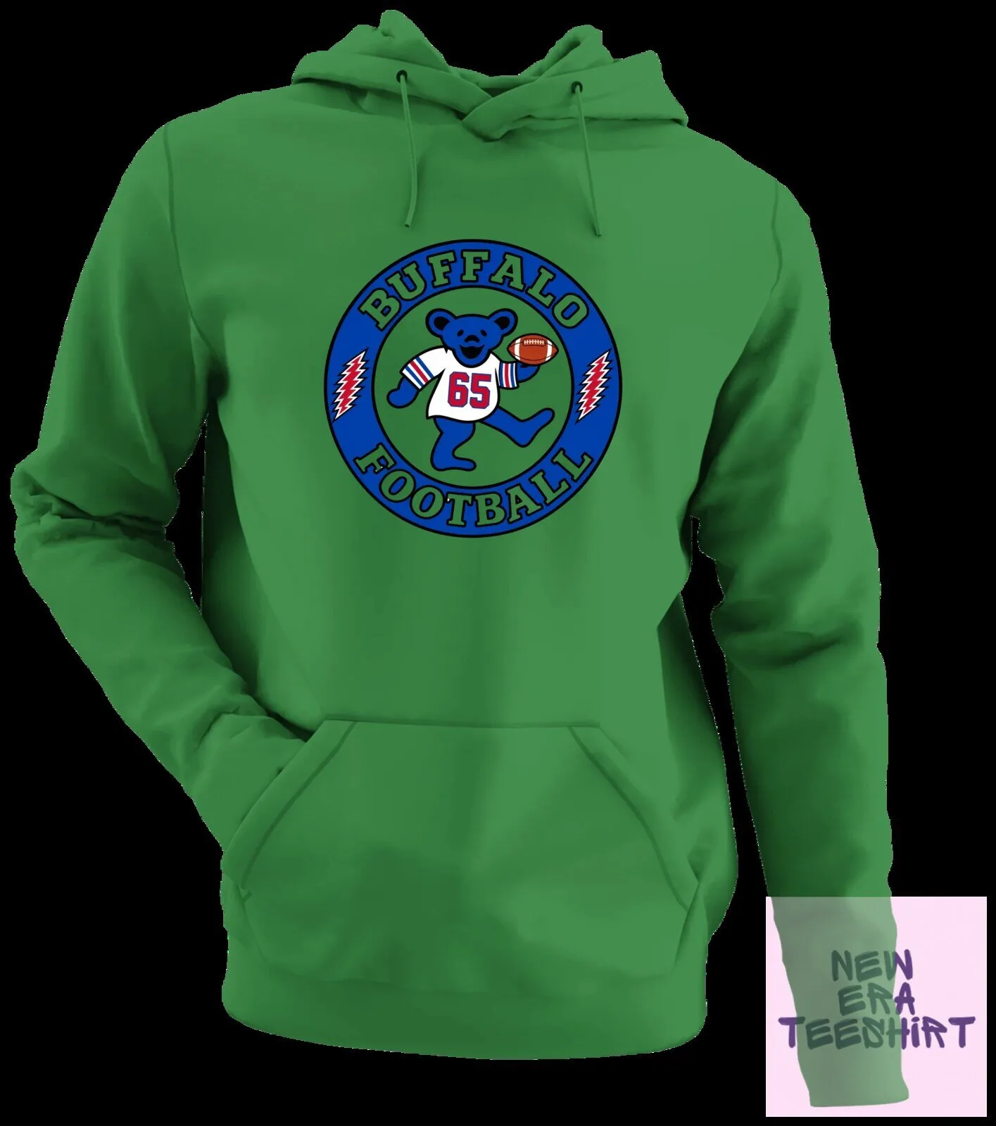 Buffalo Football Dancing Bear White Hoodie with Number 65 and Football 15 Buffalo Football Dancing Bear White Hoodie with Number 65 and Football