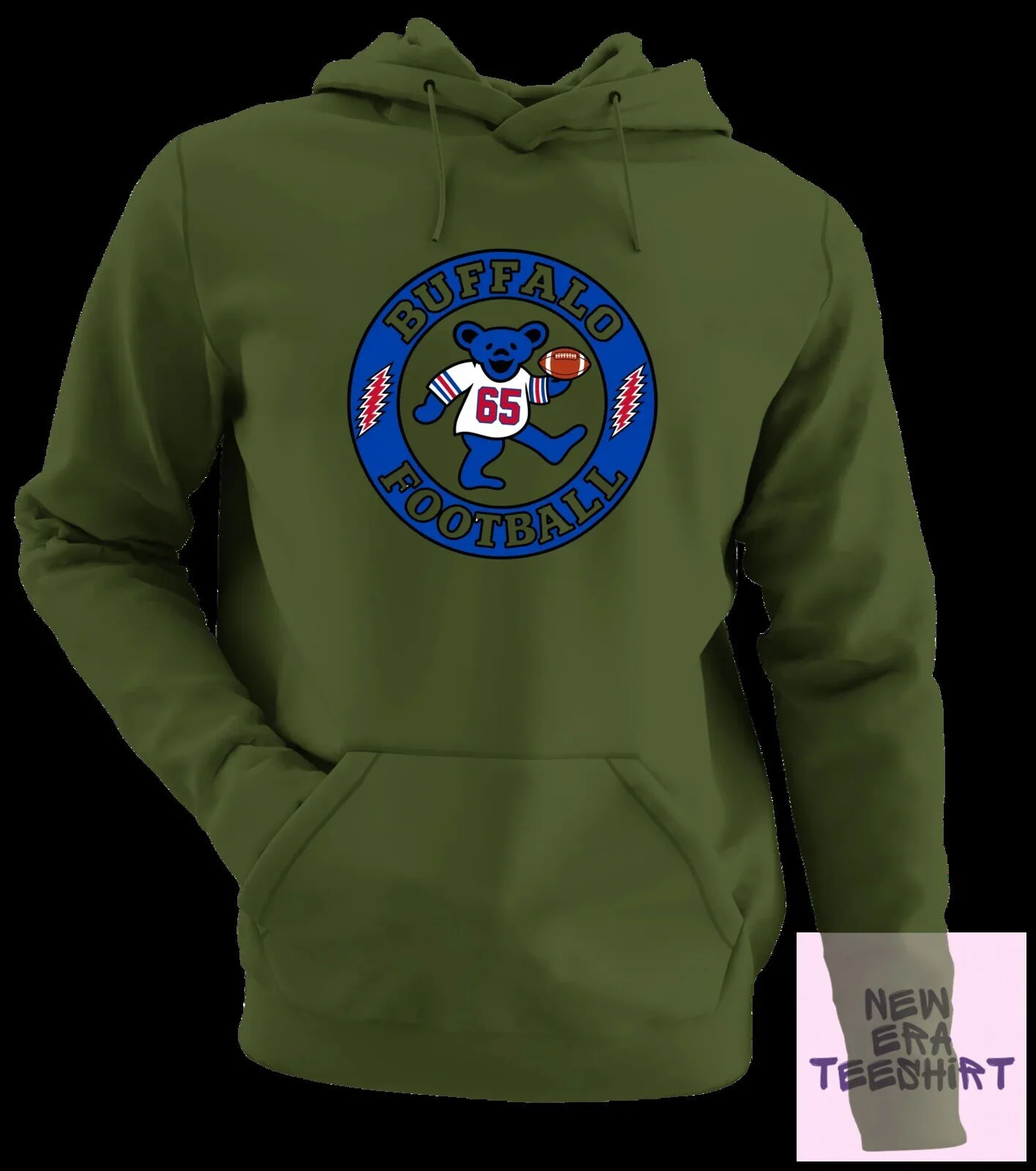 Buffalo Football Dancing Bear White Hoodie with Number 65 and Football 16 Buffalo Football Dancing Bear White Hoodie with Number 65 and Football