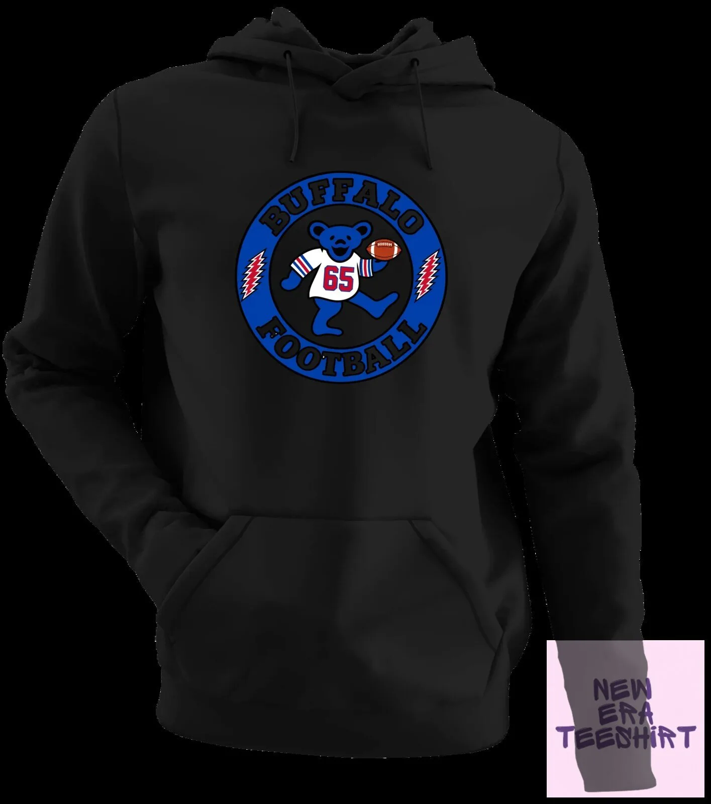 Buffalo Football Dancing Bear White Hoodie with Number 65 and Football 17 Buffalo Football Dancing Bear White Hoodie with Number 65 and Football
