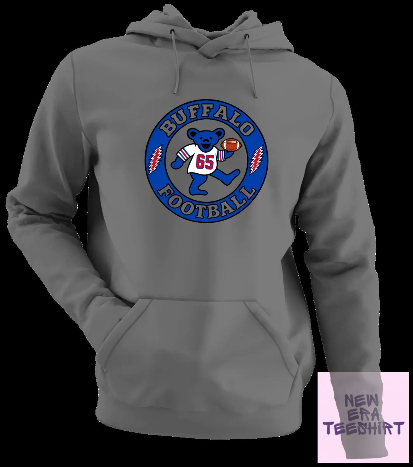 Buffalo Football Dancing Bear White Hoodie with Number 65 and Football 18 Buffalo Football Dancing Bear White Hoodie with Number 65 and Football