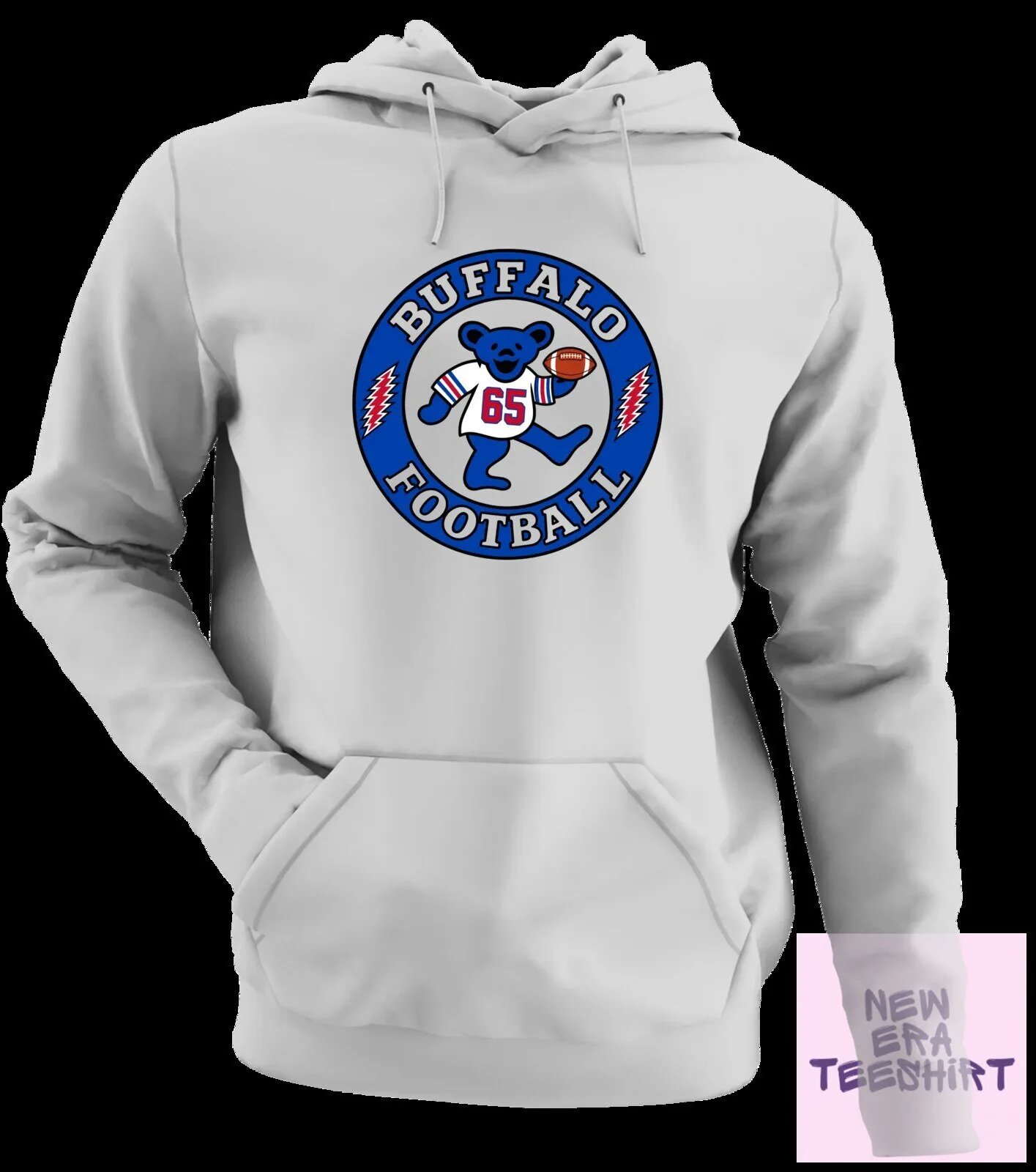 Buffalo Football Dancing Bear White Hoodie with Number 65 and Football 19 Buffalo Football Dancing Bear White Hoodie with Number 65 and Football